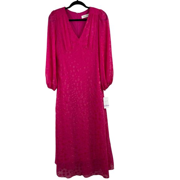Taylor Pink Chiffon Clip-Dot Long Balloon Sleeve V-Neck Midi/Maxi Dress 6 NWT - Picture 2 of 14